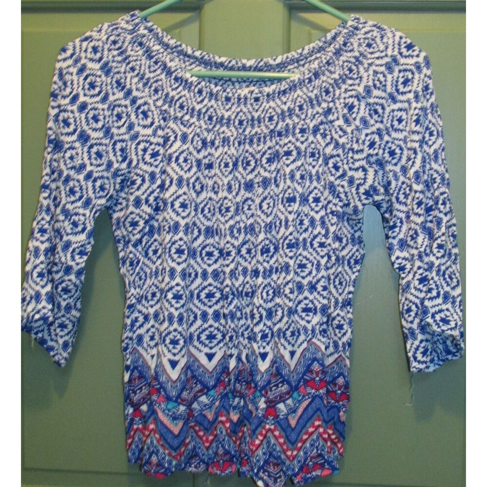 Derek Heart Womens Blue Abstract Print 3/4 Sleeve Shirred Neckline Blouse Size M